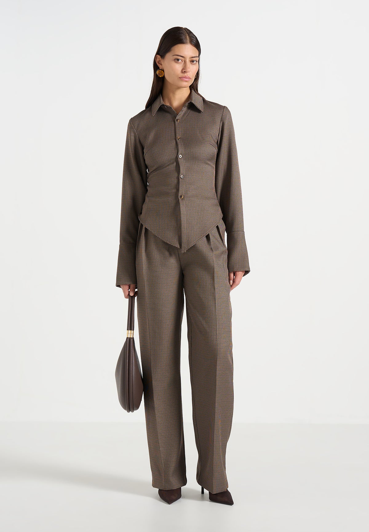 Julie - Houndstooth Twin Pleat Trousers - Brown