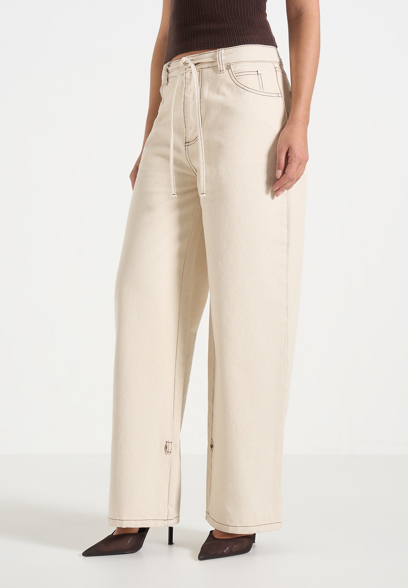 Faye - Wide Mid Rise Jeans With Tie Waist - Cream