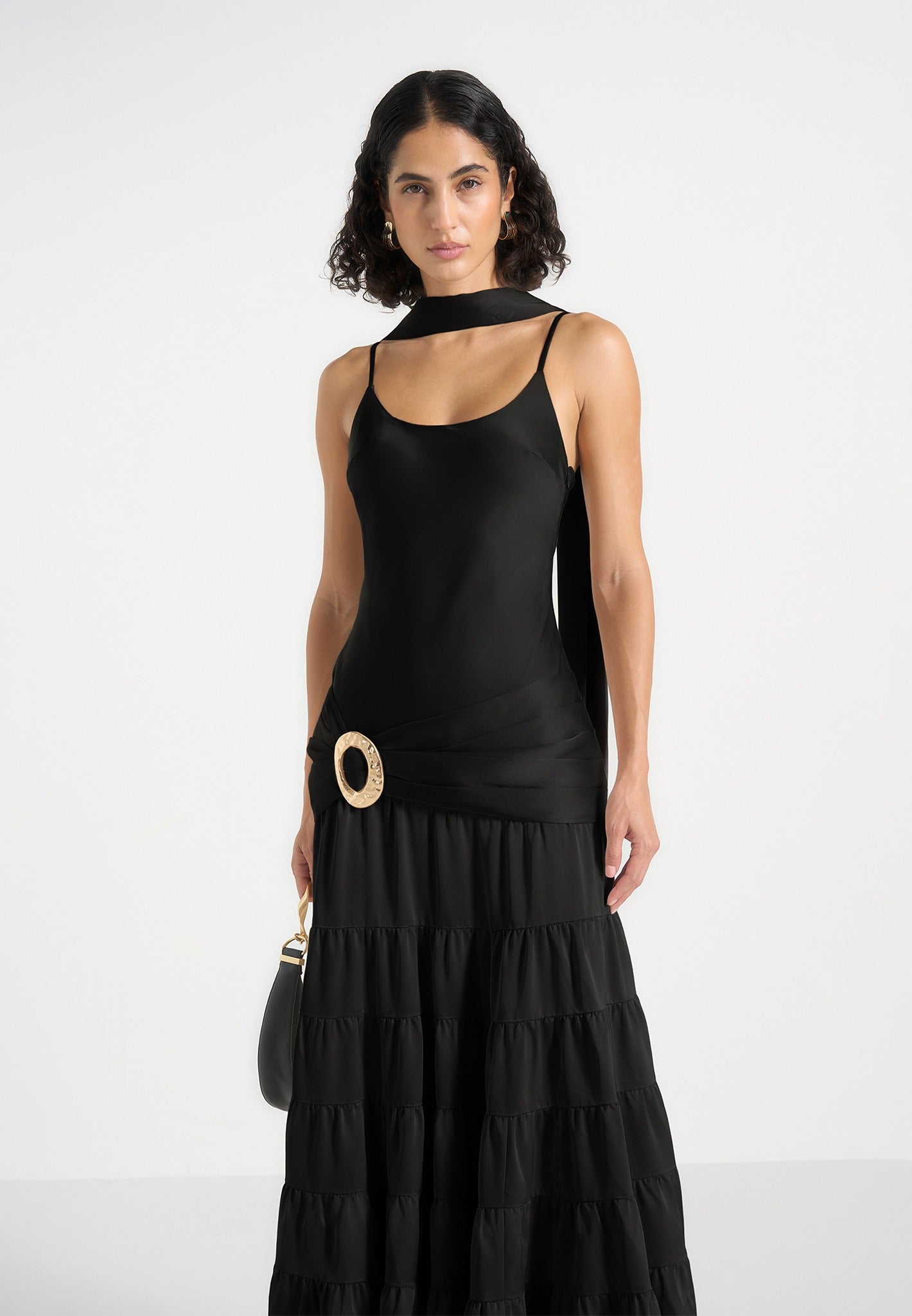 Naomi - Cami Satin Tiered Belted Maxi Dress - Black