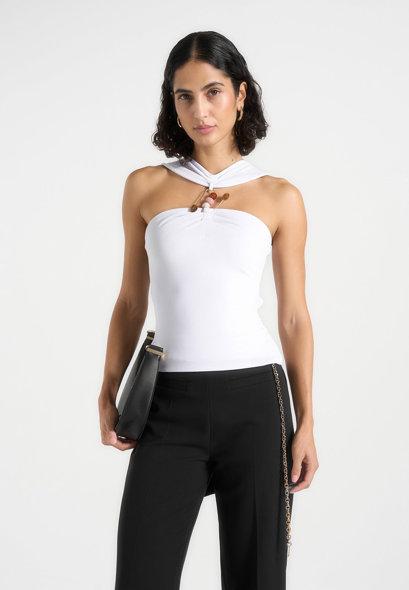 Abigail - Hardware Detail Open-Back Tie Crop Top - White