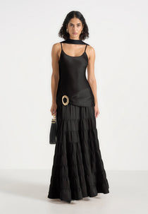 Naomi - Cami Satin Tiered Belted Maxi Dress - Black