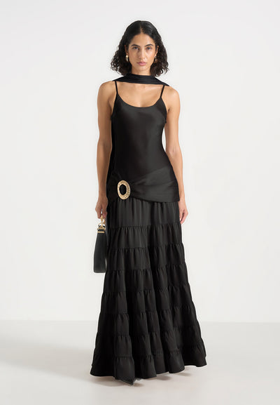 Naomi - Cami Satin Tiered Belted Maxi Dress - Black