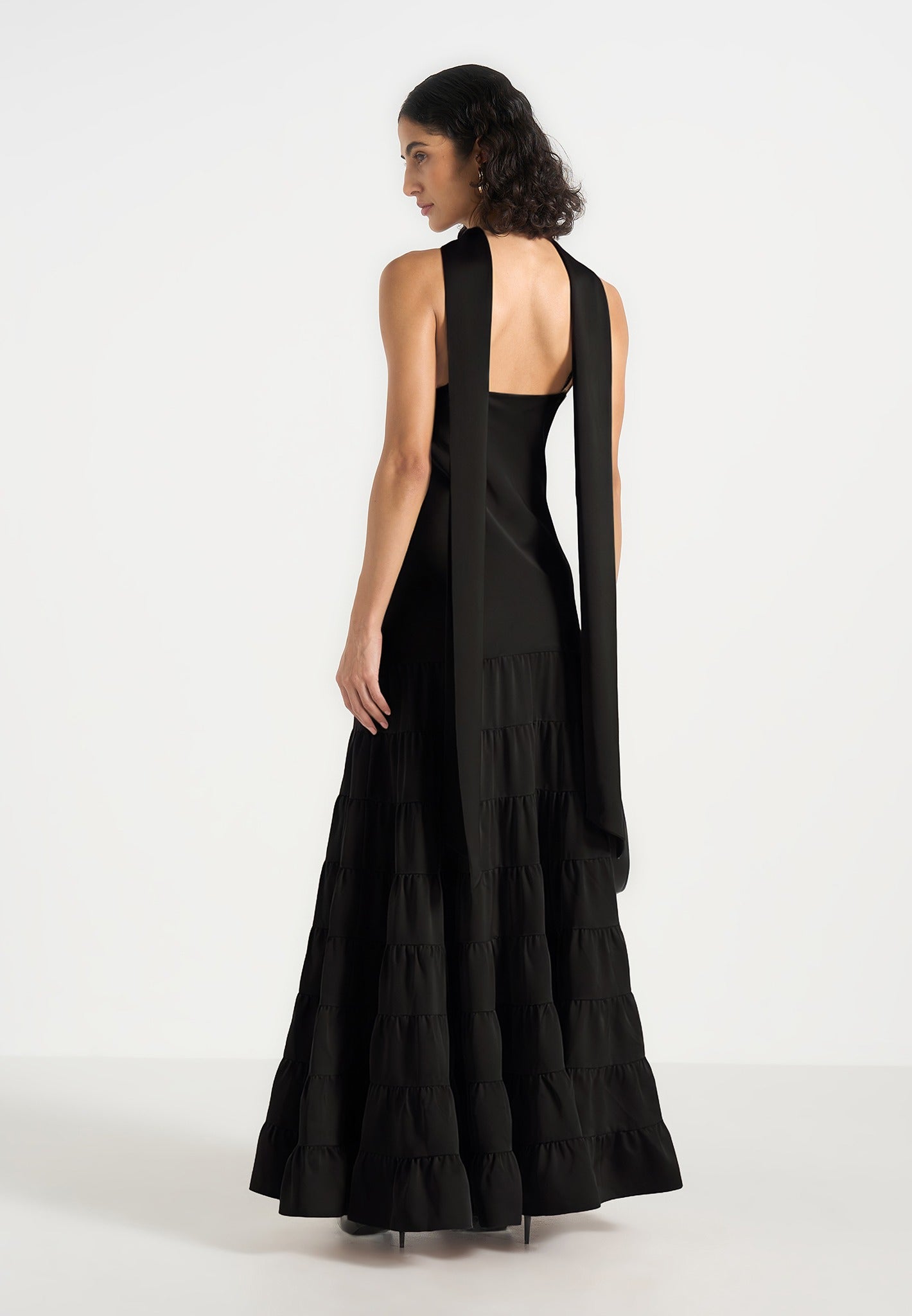 Naomi - Cami Satin Tiered Belted Maxi Dress - Black