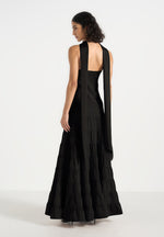 Naomi - Cami Satin Tiered Belted Maxi Dress - Black