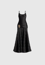 Naomi - Cami Satin Tiered Belted Maxi Dress - Black