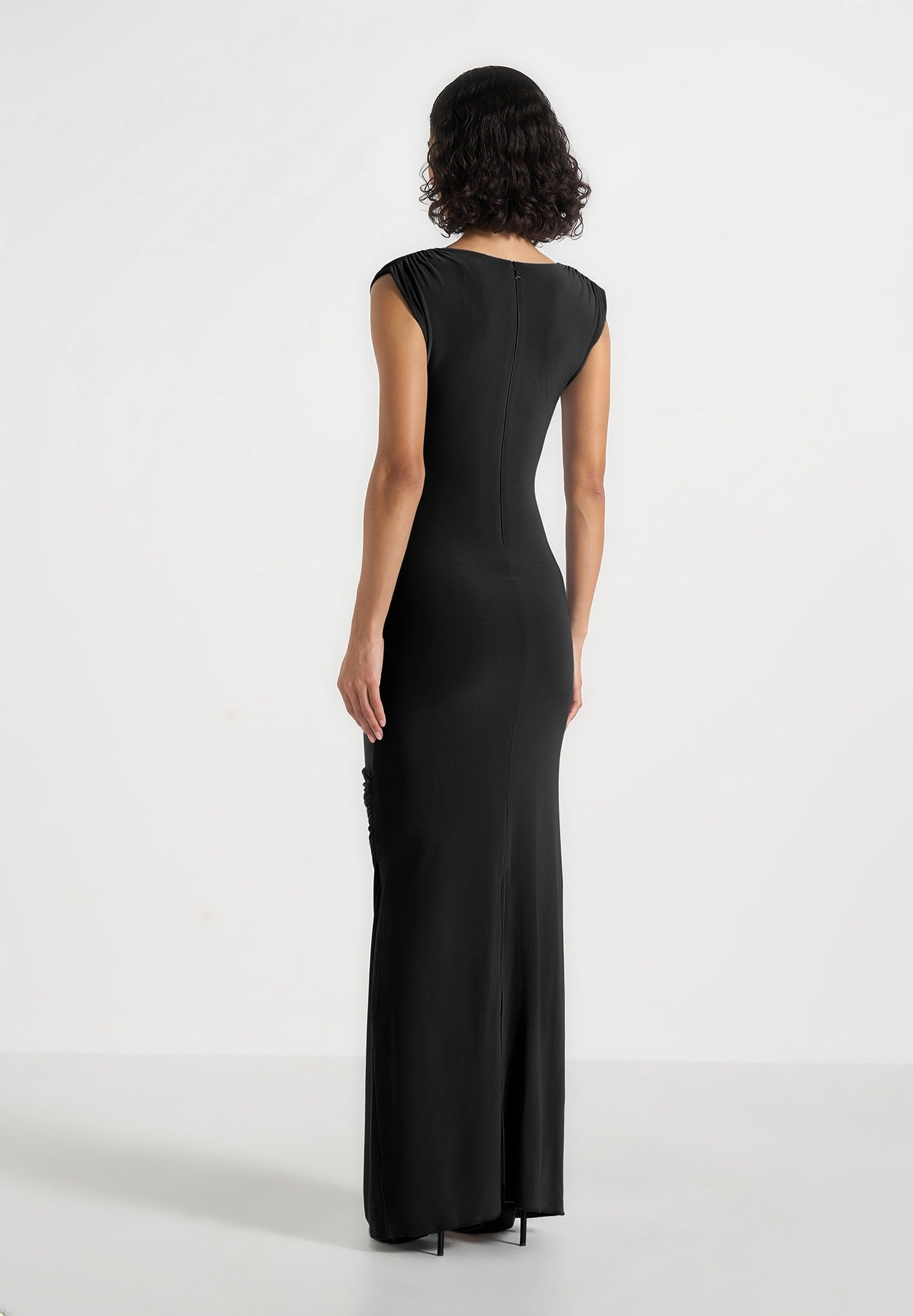 Bridget - V Neck Asym Ruched Maxi Dress - Black