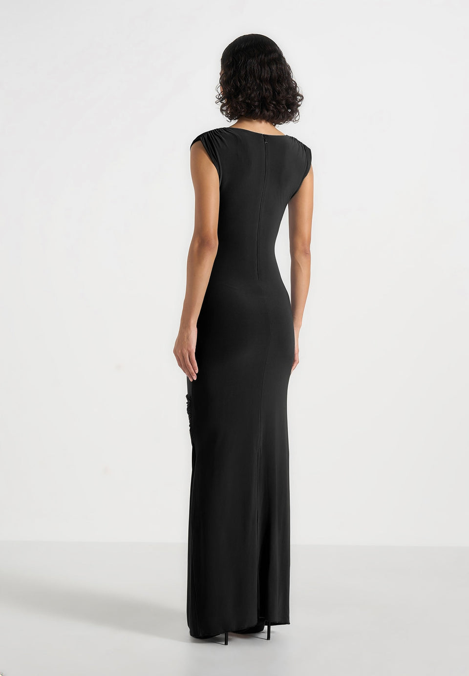 Bridget - V Neck Asym Ruched Maxi Dress - Black