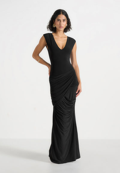 Bridget - V Neck Asym Ruched Maxi Dress - Black