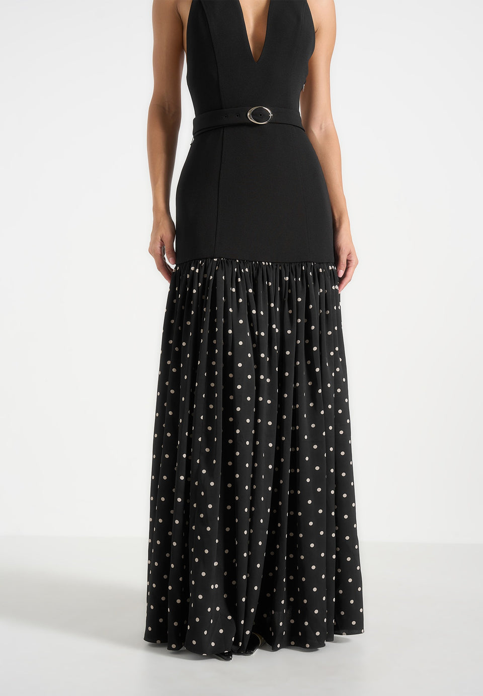 Deborah - Halter Neck Belted Polka Dot Pleat Maxi Dress - Black