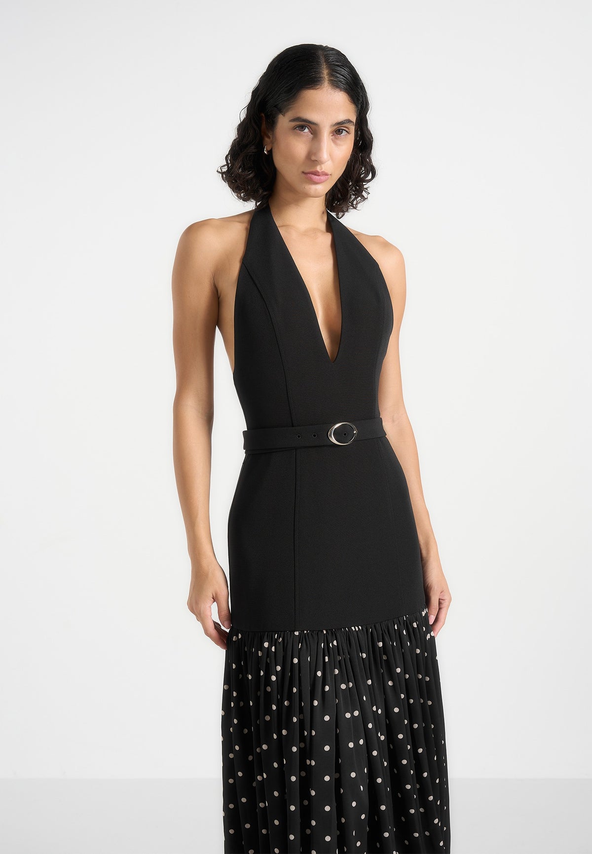 Deborah - Halter Neck Belted Polka Dot Pleat Maxi Dress - Black