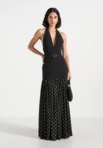 Deborah - Halter Neck Belted Polka Dot Pleat Maxi Dress - Black
