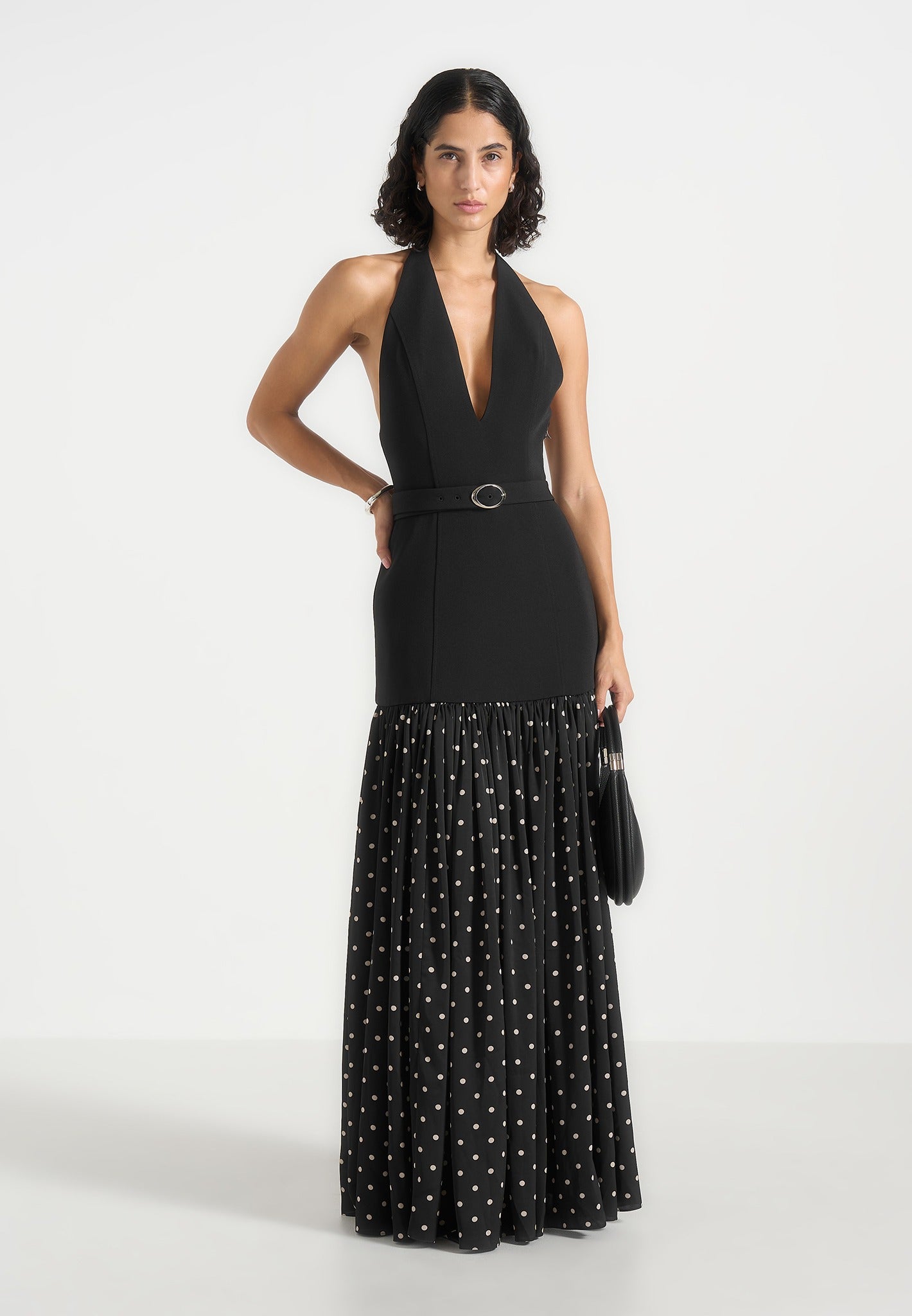 Deborah - Halter Neck Belted Polka Dot Pleat Maxi Dress - Black