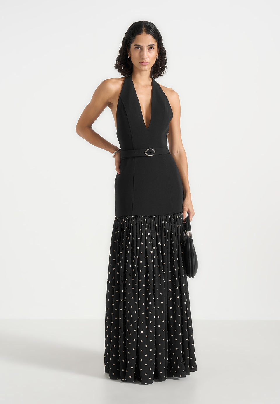 Deborah - Halter Neck Belted Polka Dot Pleat Maxi Dress - Black