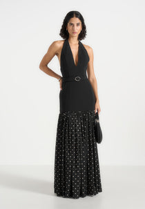 Deborah - Halter Neck Belted Polka Dot Pleat Maxi Dress - Black