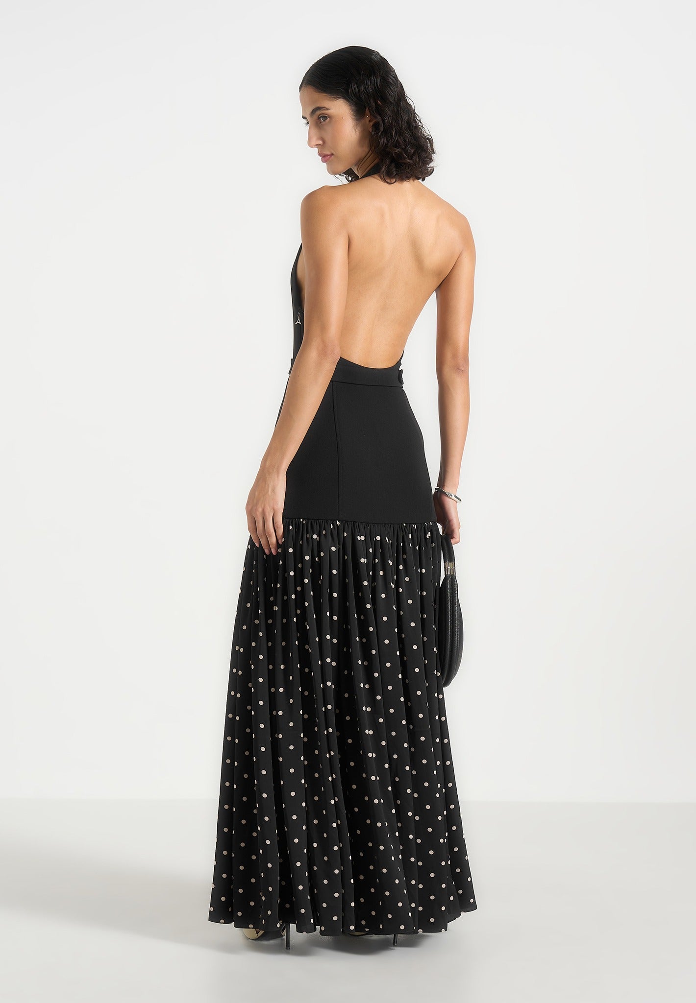 Deborah - Halter Neck Belted Polka Dot Pleat Maxi Dress - Black