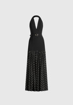 Deborah - Halter Neck Belted Polka Dot Pleat Maxi Dress - Black