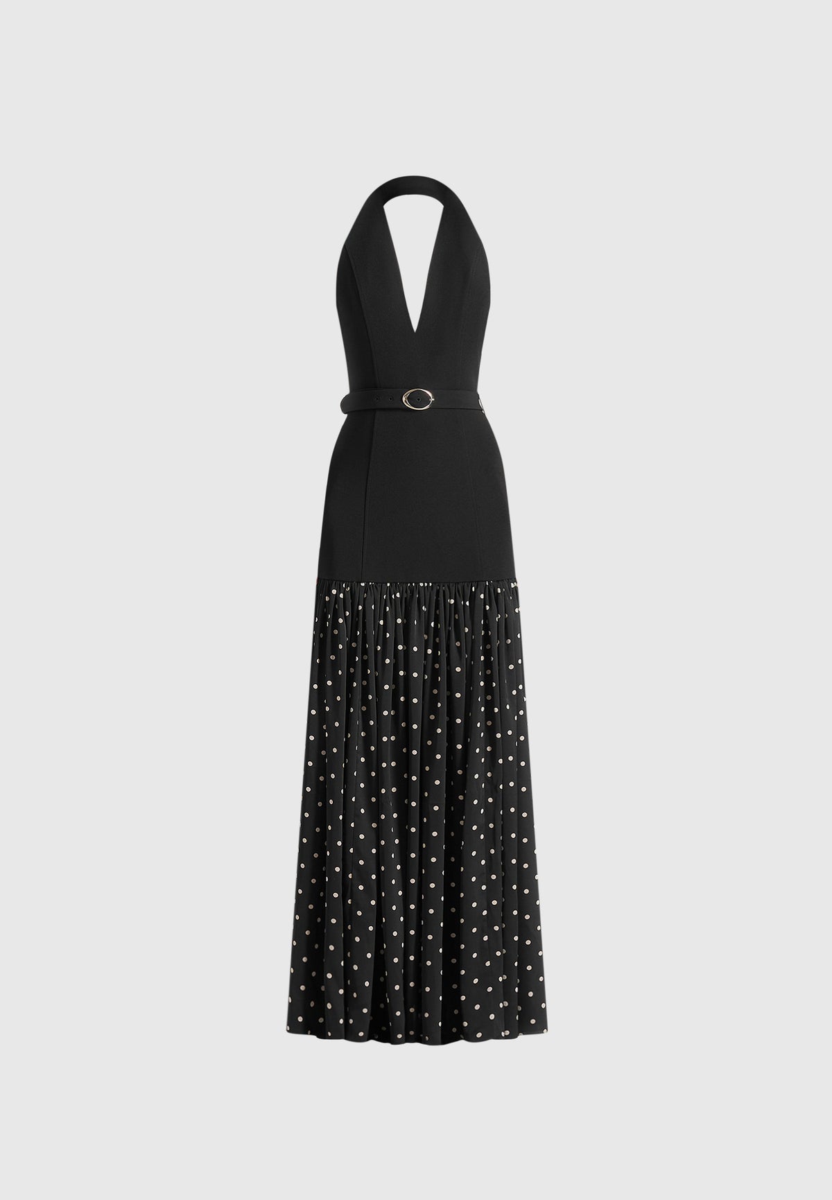 Deborah - Halter Neck Belted Polka Dot Pleat Maxi Dress - Black