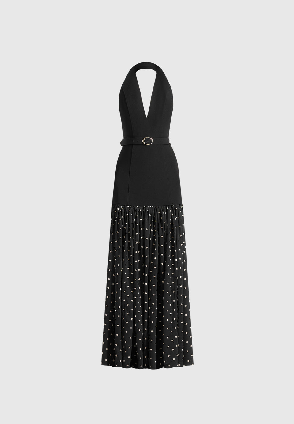 Deborah - Halter Neck Belted Polka Dot Pleat Maxi Dress - Black