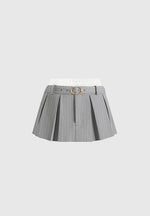 Rebecca - Pinstripe Belted Pleated Skort With Waistband - Grey