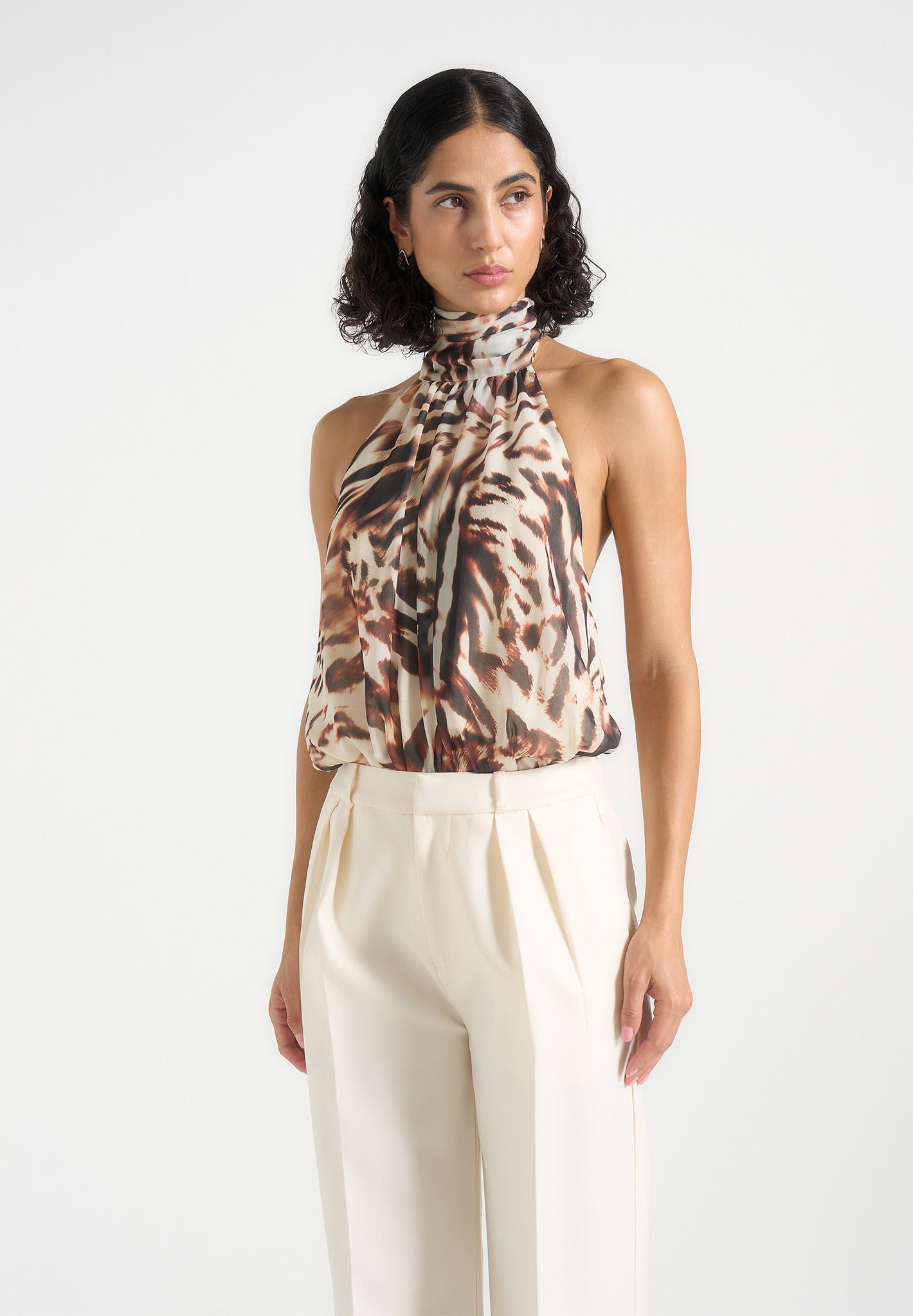 Phoebe - Animal Blouson Tie-Neck Open Back Bodysuit - Multi