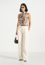 Phoebe - Animal Blouson Tie-Neck Open Back Top - Multi