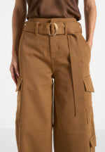 Natalie - Belted Wide Leg Strap Cuff Cargo Pant - Fawn