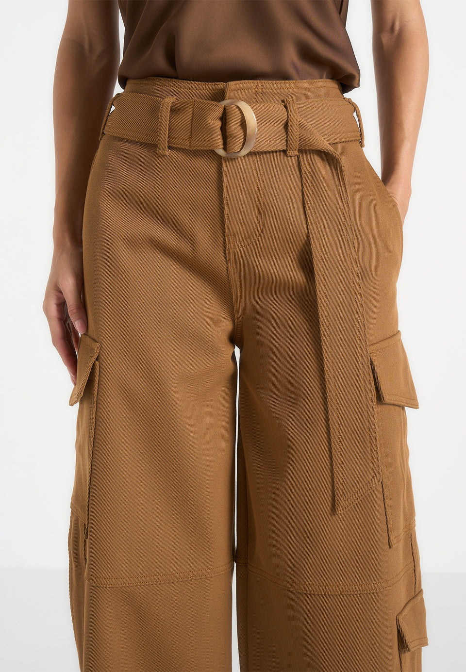 Natalie - Belted Wide Leg Strap Cuff Cargo Pant - Fawn