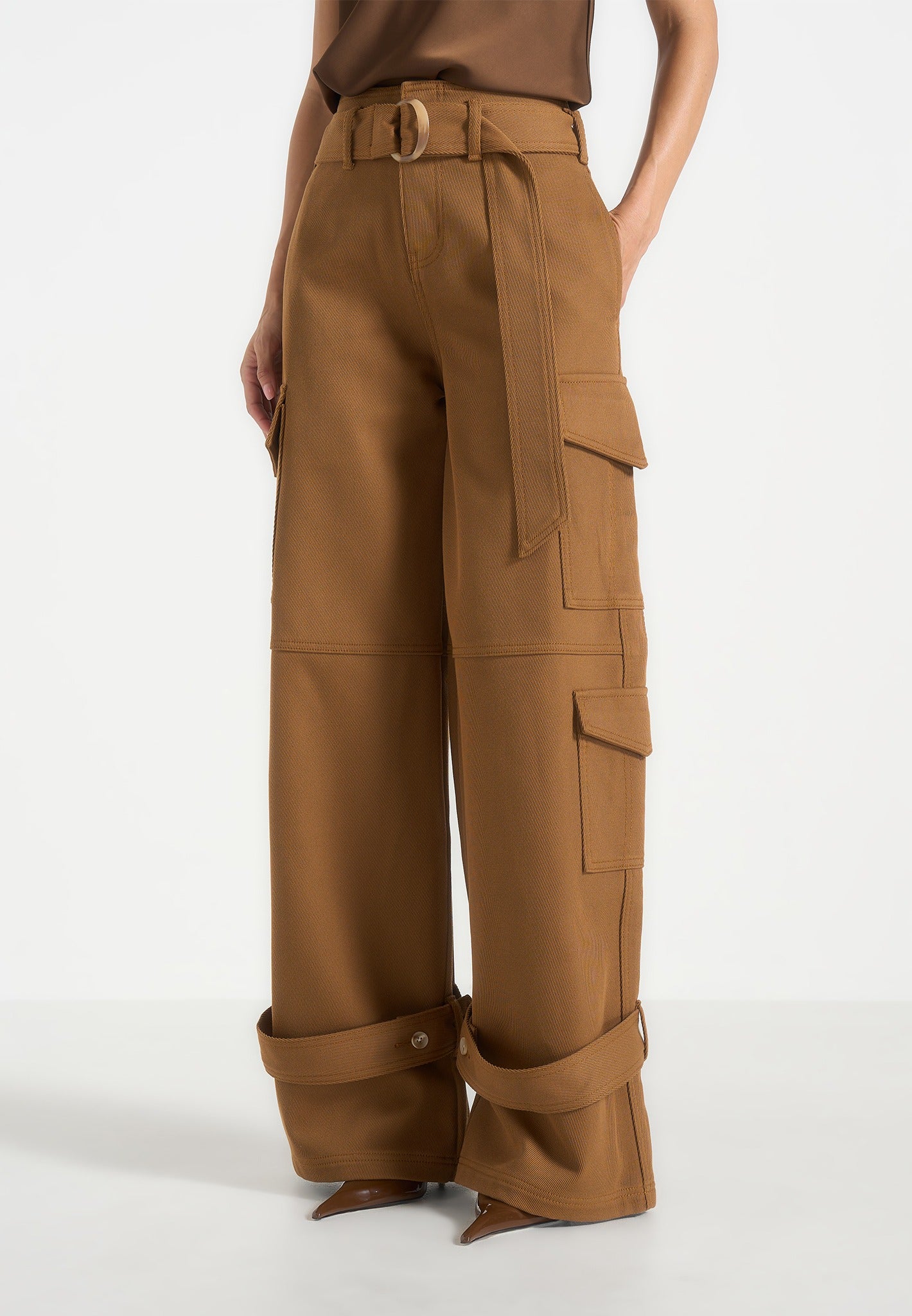 Natalie - Belted Wide Leg Strap Cuff Cargo Pant - Fawn