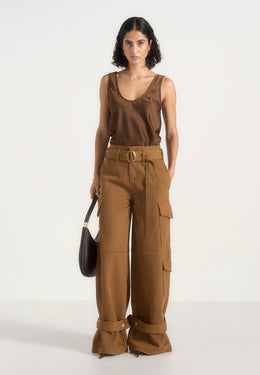 Sahara - Belted Wide Leg Strap Cuff Cargo Pant - Fawn