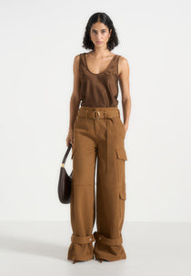 Natalie - Belted Wide Leg Strap Cuff Cargo Pant - Fawn