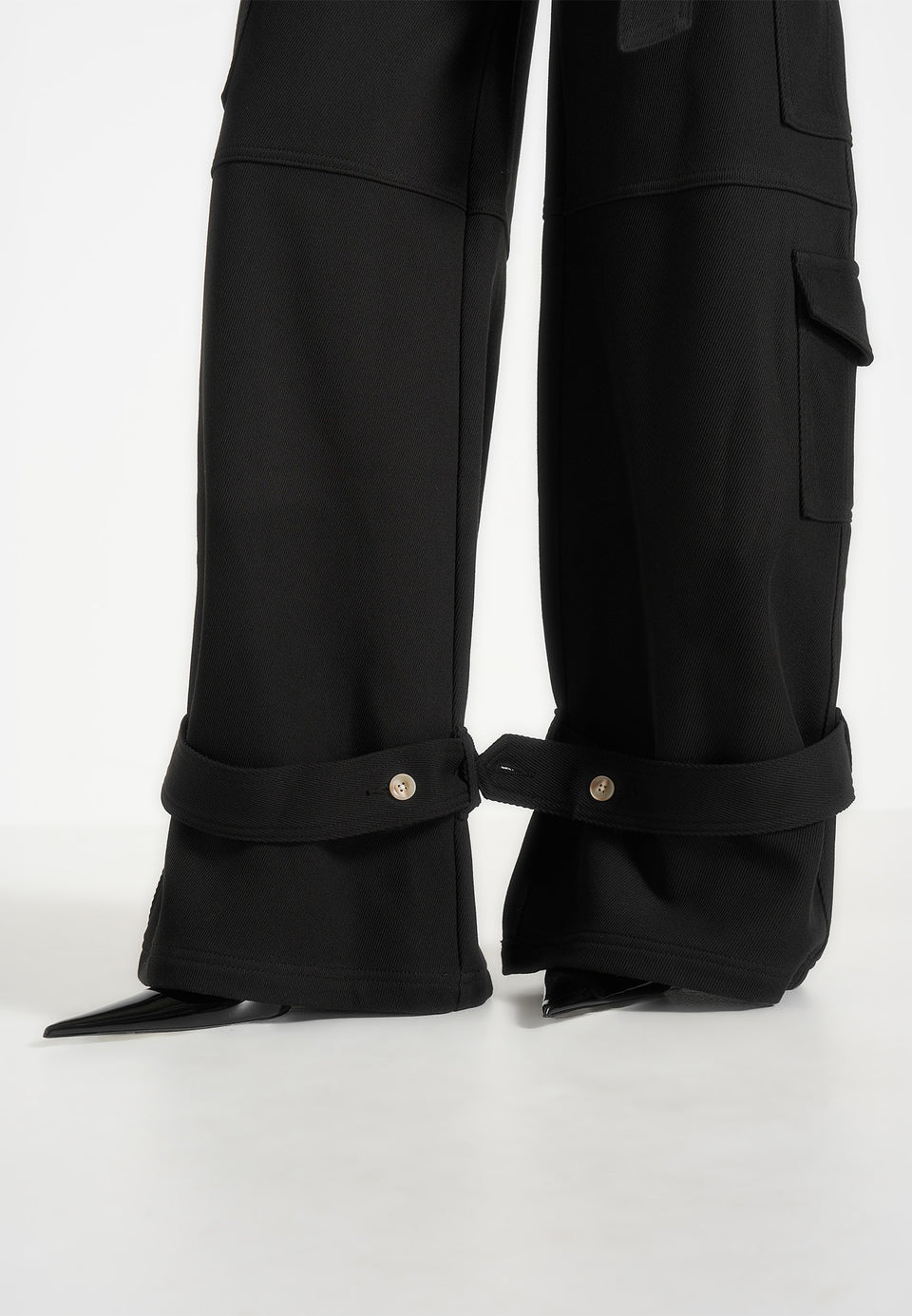 Natalie - Belted Wide Leg Strap Cuff Cargo Pant - Black
