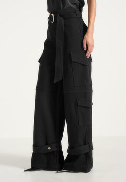 Sahara - Belted Wide Leg Strap Cuff Cargo Pant - Black