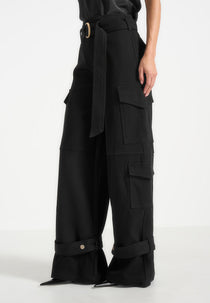 Natalie - Belted Wide Leg Strap Cuff Cargo Pant - Black