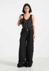 Natalie - Belted Wide Leg Strap Cuff Cargo Pant - Black
