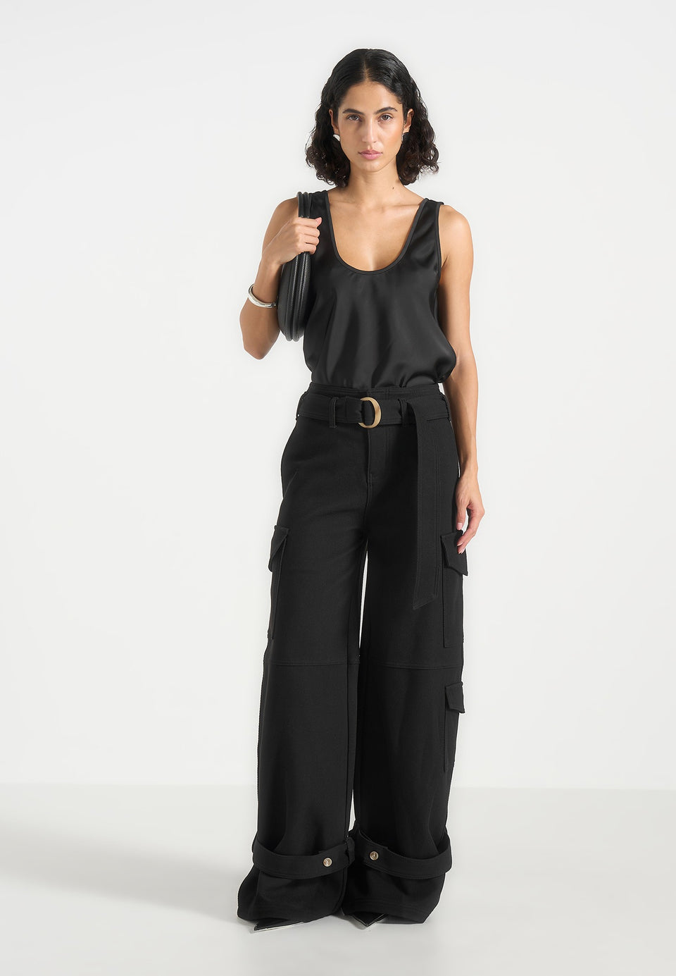 Natalie - Belted Wide Leg Strap Cuff Cargo Pant - Black