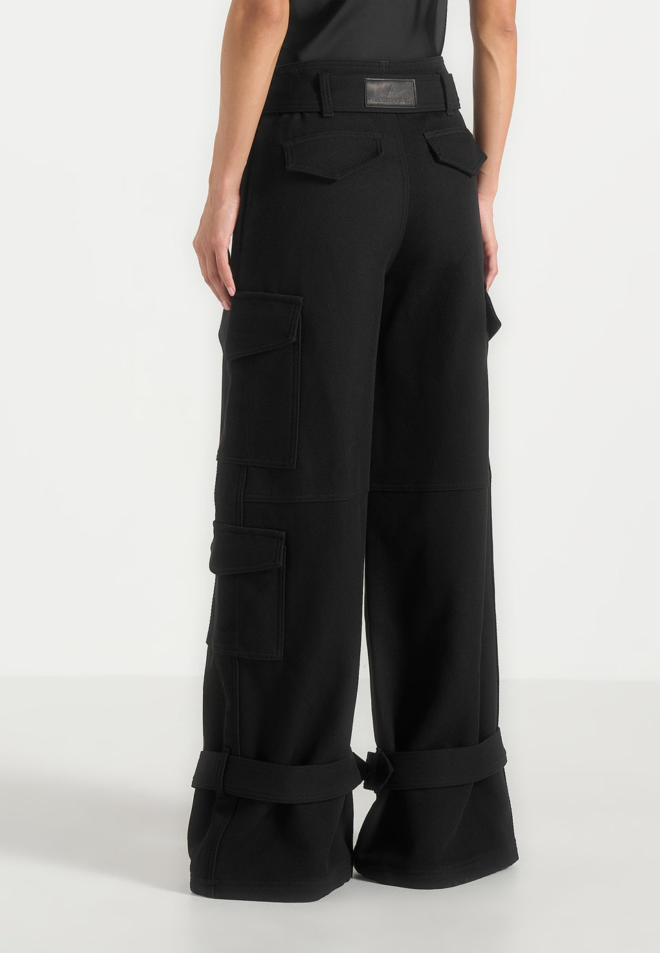Natalie - Belted Wide Leg Strap Cuff Cargo Pant - Black