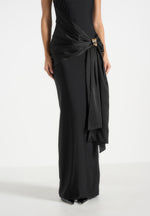 Willow - Halter Neck Clasp Detail Satin Sash Maxi Dress - Black