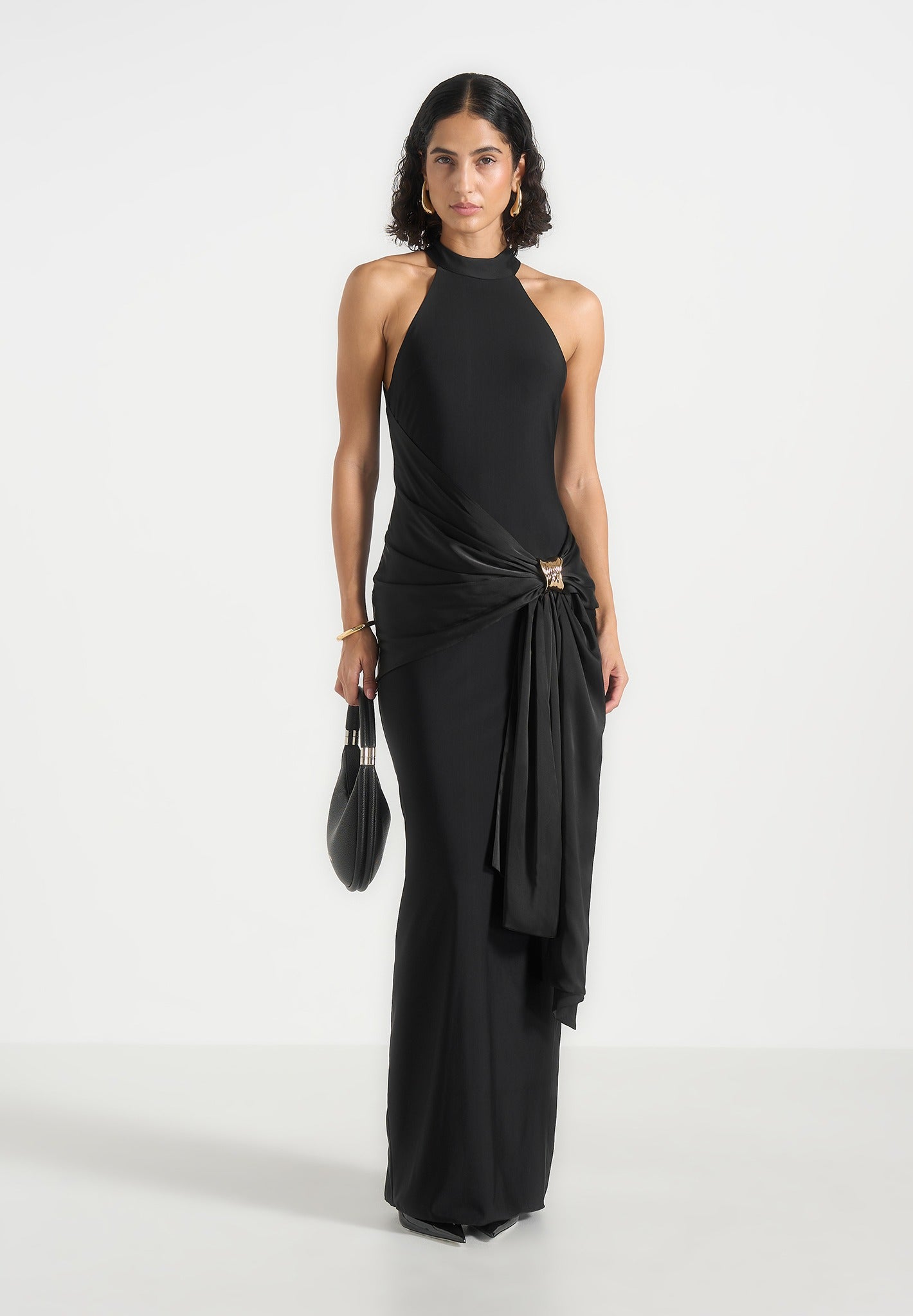 Willow - Halter Neck Clasp Detail Satin Sash Maxi Dress - Black