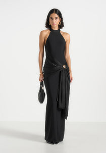 Willow - Halter Neck Clasp Detail Satin Sash Maxi Dress - Black