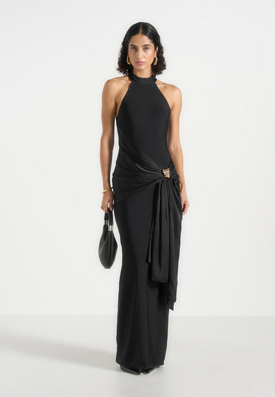Willow - Halter Neck Clasp Detail Satin Sash Maxi Dress - Black