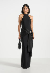 Willow - Halter Neck Clasp Detail Satin Sash Maxi Dress - Black