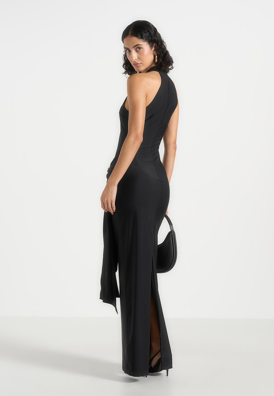 Willow - Halter Neck Clasp Detail Satin Sash Maxi Dress - Black