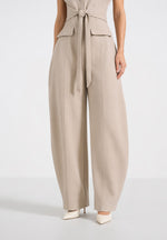 Kira - Tie-Waist Barrel Leg Tailored Jumpsuit - Beige