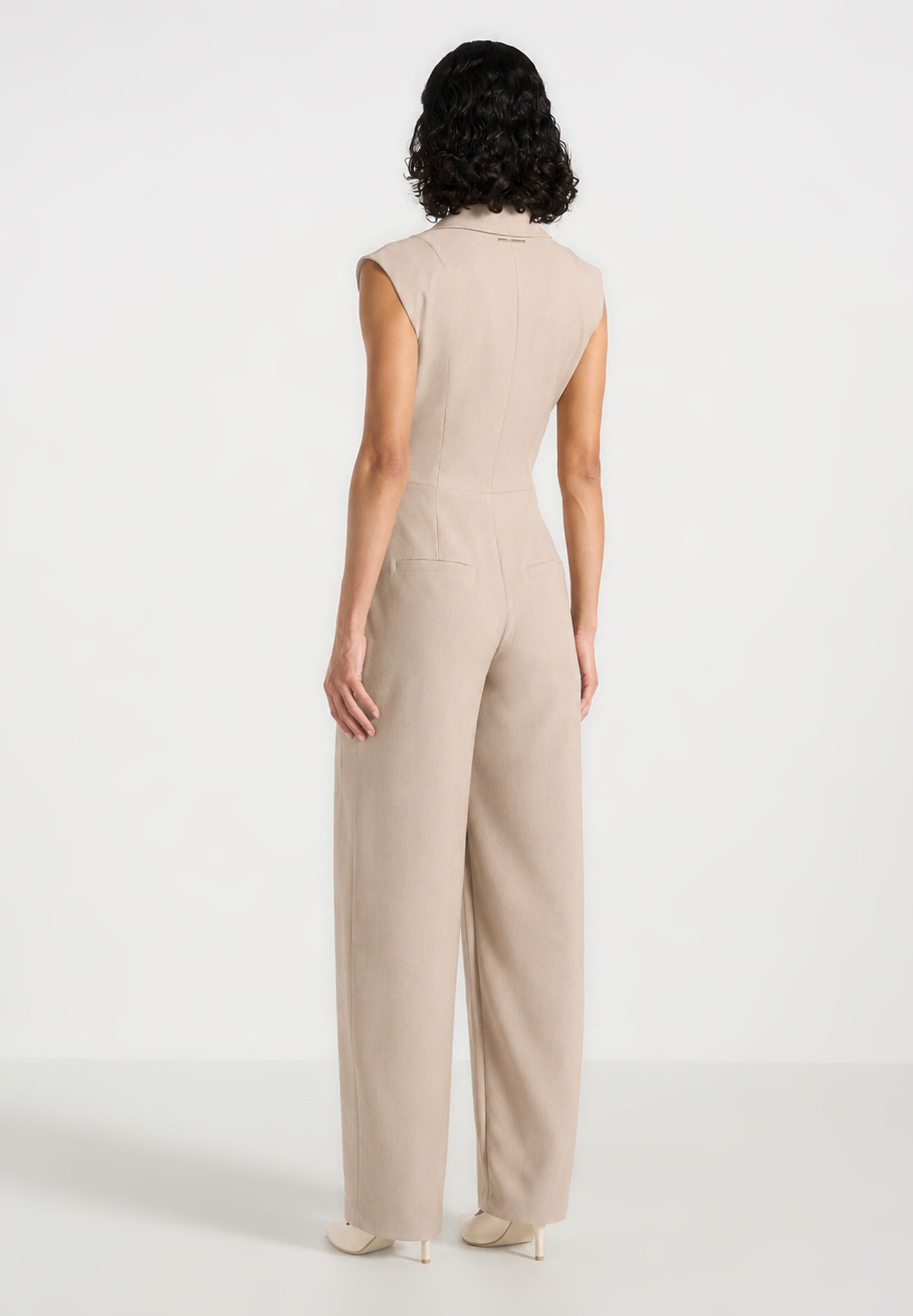 Kira - Tie-Waist Barrel Leg Tailored Jumpsuit - Beige
