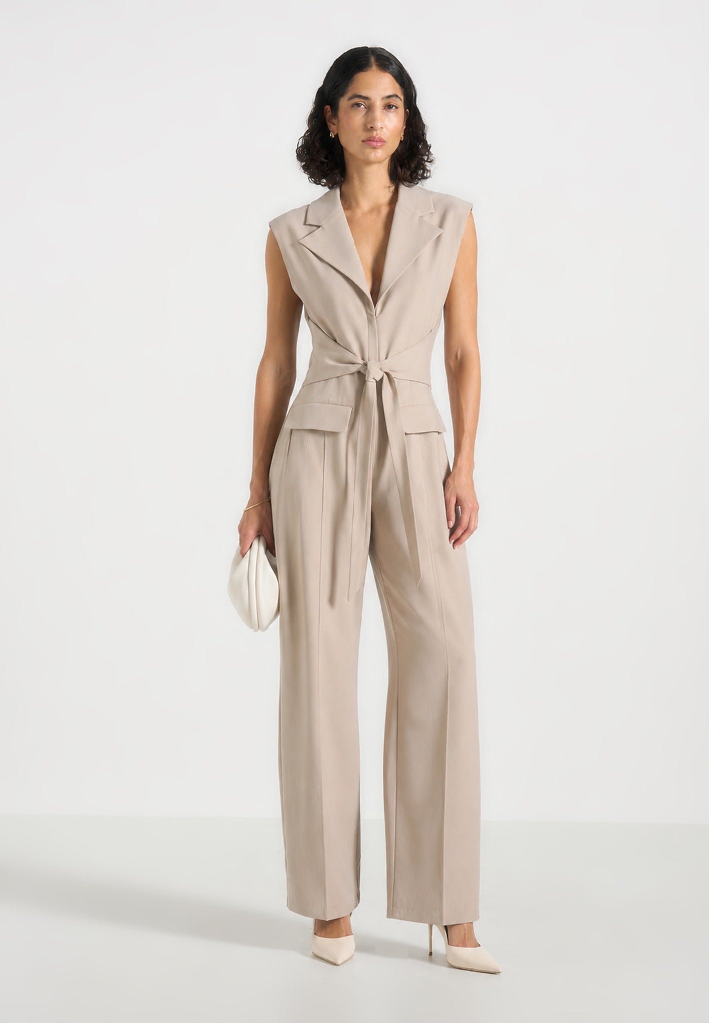 Kira - Tie-Waist Barrel Leg Tailored Jumpsuit - Beige
