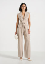 Kira - Tie-Waist Barrel Leg Tailored Jumpsuit - Beige