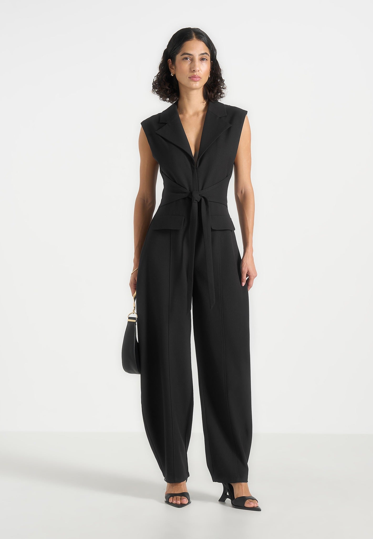 Kira - Tie-Waist Barrel Leg Tailored Jumpsuit - Black