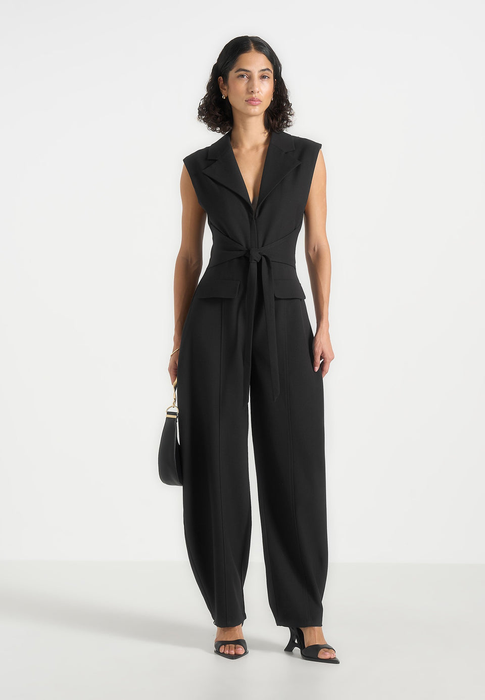 Kira - Tie-Waist Barrel Leg Tailored Jumpsuit - Black