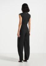 Kira - Tie-Waist Barrel Leg Tailored Jumpsuit - Black