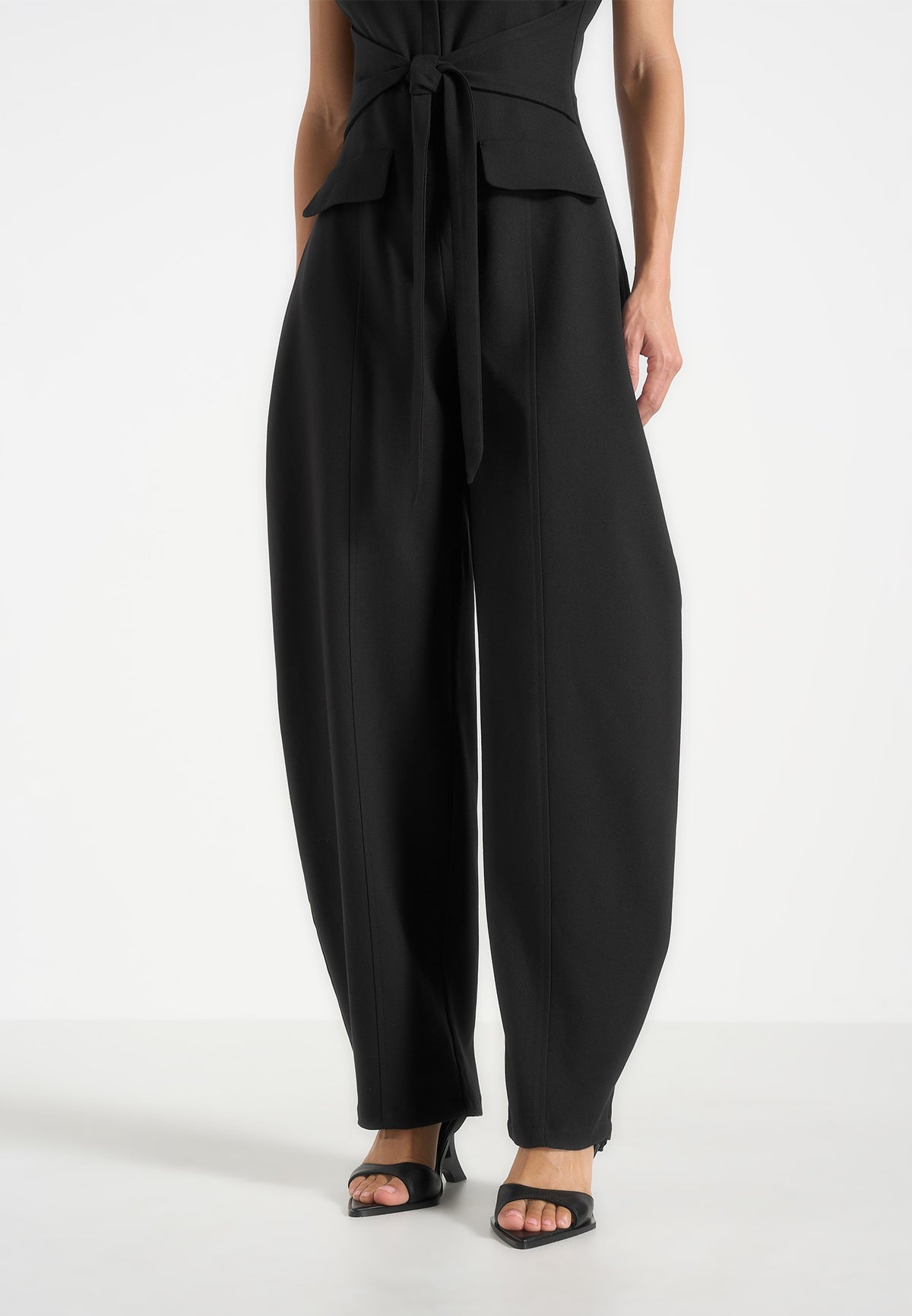 Kira - Tie-Waist Barrel Leg Tailored Jumpsuit - Black